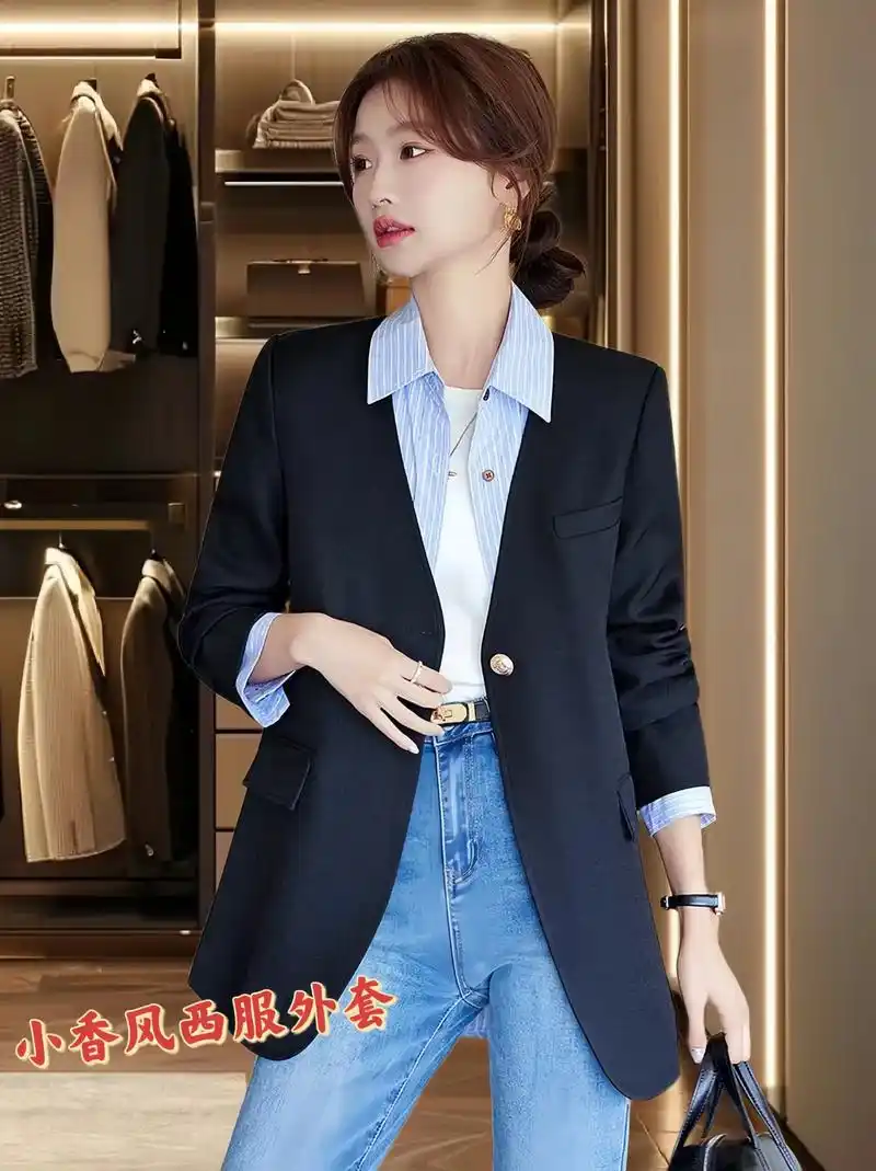 白色无领西装外套女春秋新款小香风高级感气质休闲韩版小西服～采