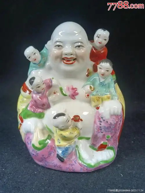 (全美品)建国初期景德镇粉彩五子登科弥勒佛瓷塑_价格181元【雅鉴古玩