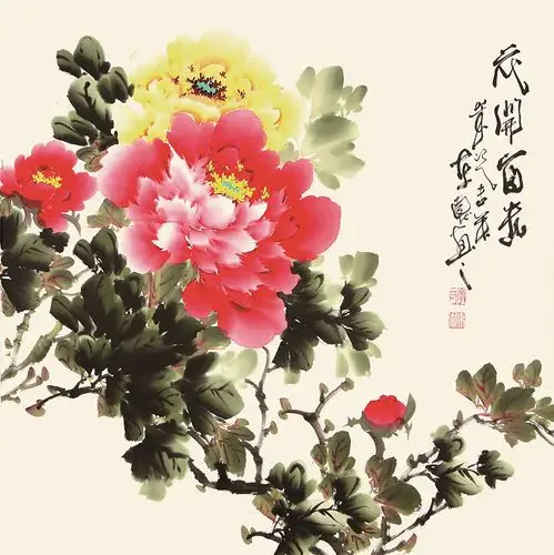国画写意牡丹图 李东献斗方花鸟画《花开富贵》