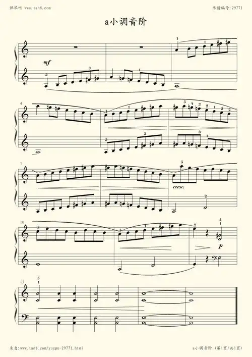 钢琴谱:no.90-2 a小调音阶(拜厄钢琴基本教程)