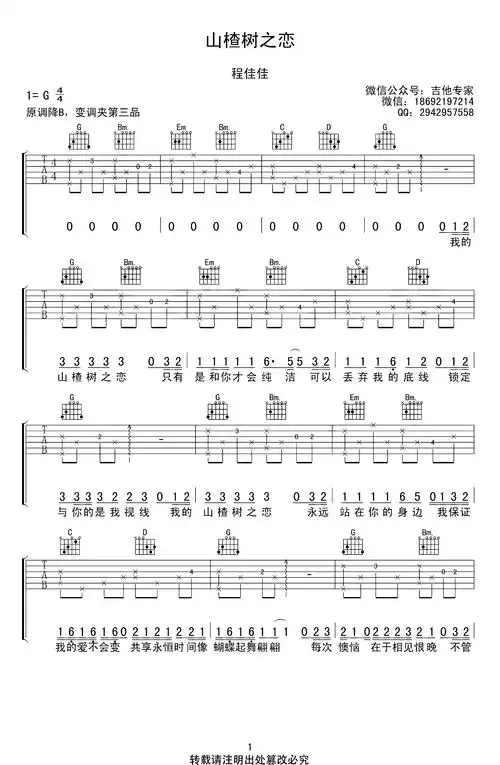 山楂树之恋吉他谱_程佳佳_g调完整版_高清弹唱谱1