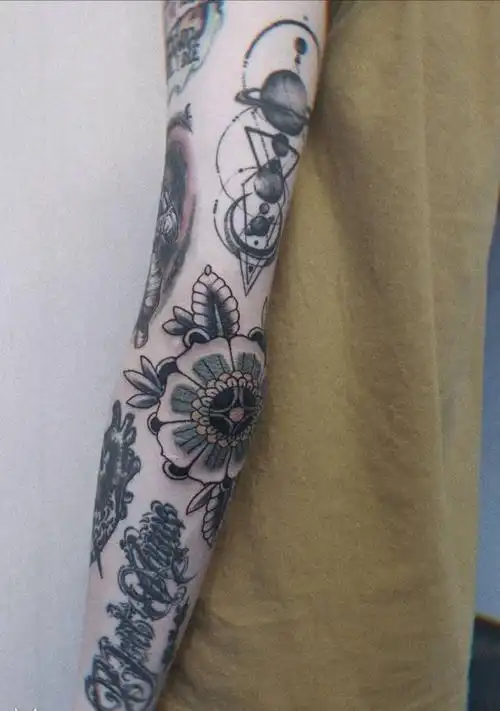 拼接花臂纹身图片手臂oldschoolnewschool纹身图案