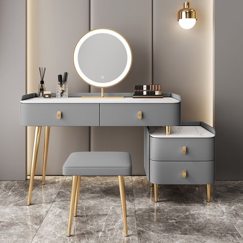 轻奢实木岩板梳妆台收纳柜现代简约小户型智能镜迷你化妆台桌