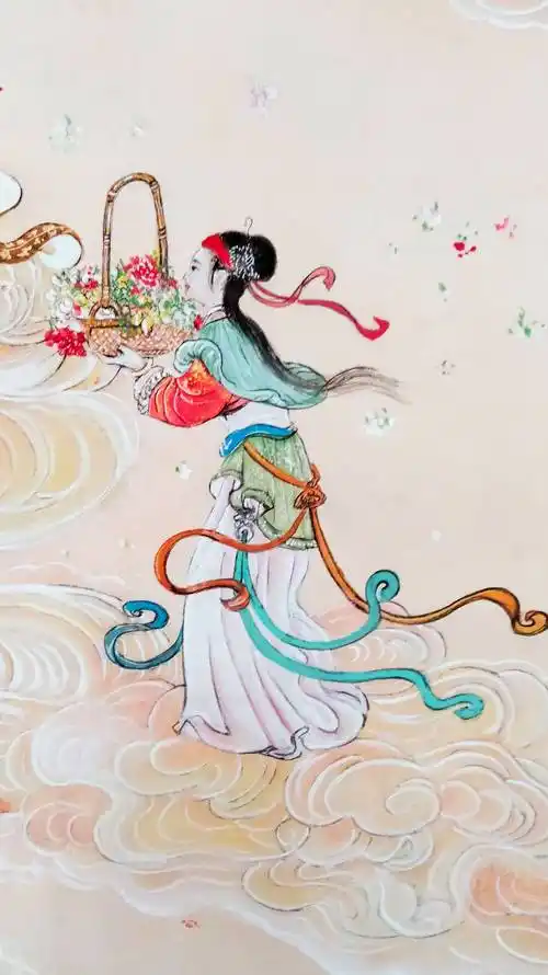 界画寒江---工笔画神仙故事之《天女散花》,尺寸:60x65cm,纸质:仿古熟