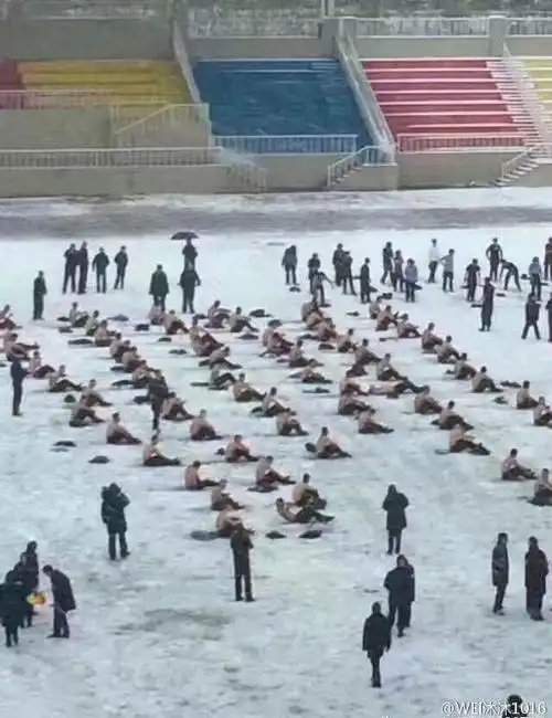 警校男生雪中裸上身训练雪都练化了