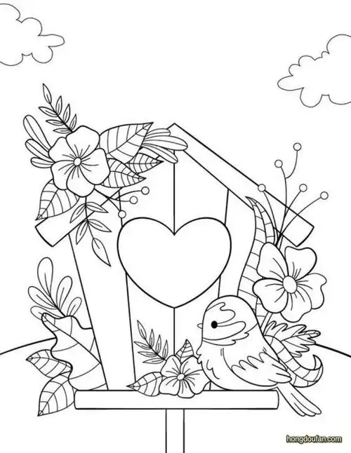 带着花朵的小鸟窝和小鸟简笔画涂色大全