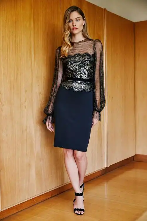 珠片蕾丝透视网纱直身连衣裙