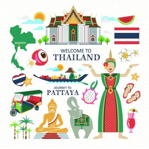卡通泰国人物旅游场景海报元素矢量素材