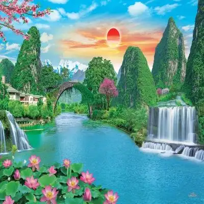 素材241流水生财松树拱桥瀑布山水风景画瀑布山水风景客厅年画墙画