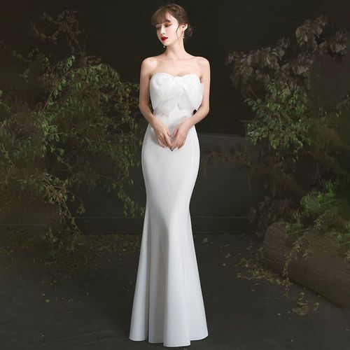 抹胸晚礼服裙长款2021新款气质高端大气优雅白色宴会年会主持人女