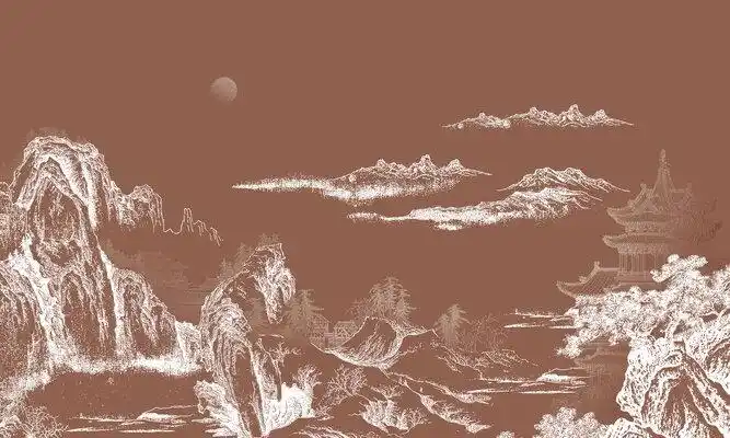 中式金色线条山水壁画贴图高清贴图