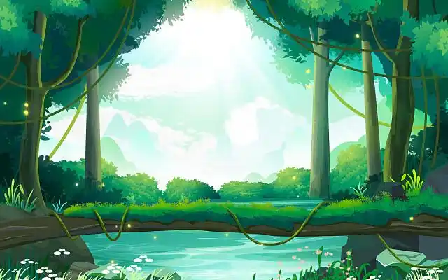 手绘卡通风森林和小溪唯美风景插画森林插画