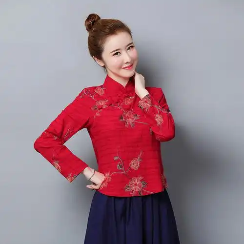 2021春新款复古民族风女装提花棉麻重工绣花改良唐装显瘦打底上衣