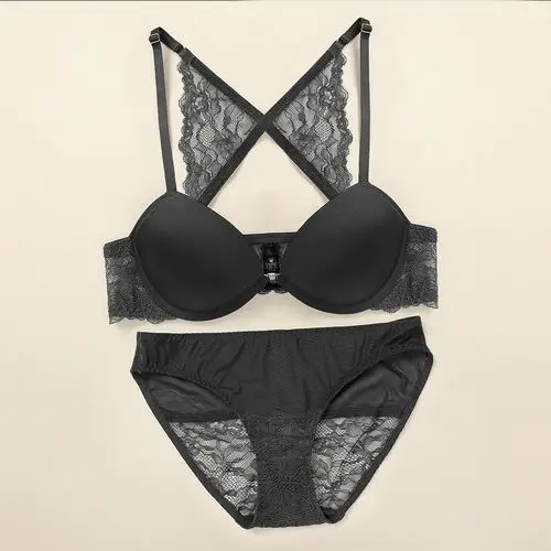 深v交叉前扣性感胸罩蕾丝聚拢美背内衣文胸套装