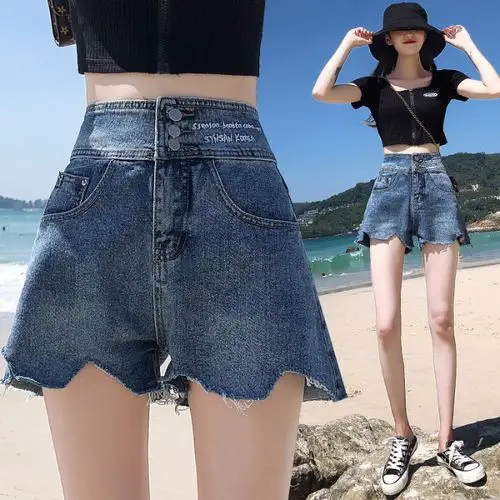 8130高腰牛仔短裤女网红a字宽松阔腿一字排扣宽腰头刺绣2020年春