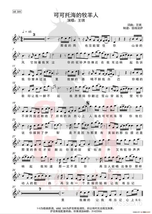 可可托海牧羊人 (简谱&萨克斯五线谱) 谱友园地