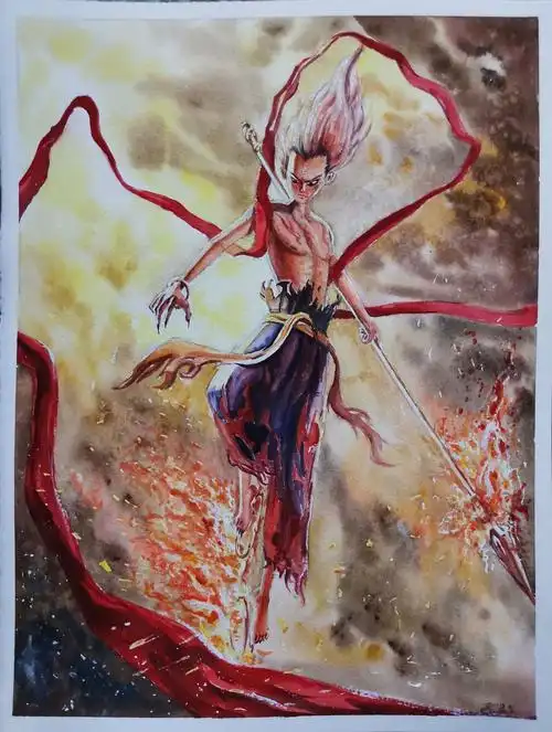 哪吒魔童降世水彩插画练习临摹海报