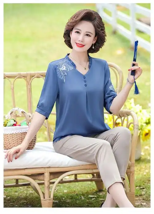 新款夏装套装中老年女装短袖上衣中年人夏季洋气上衣 黑色阔腿裤