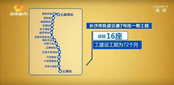 >长沙地铁7号线一期工程起于天心区云塘站,止于五里牌站,线路全长16