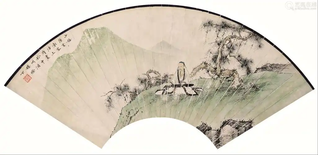 陈少梅 松下抚琴 纸本扇面片-【成交 价格 图片】