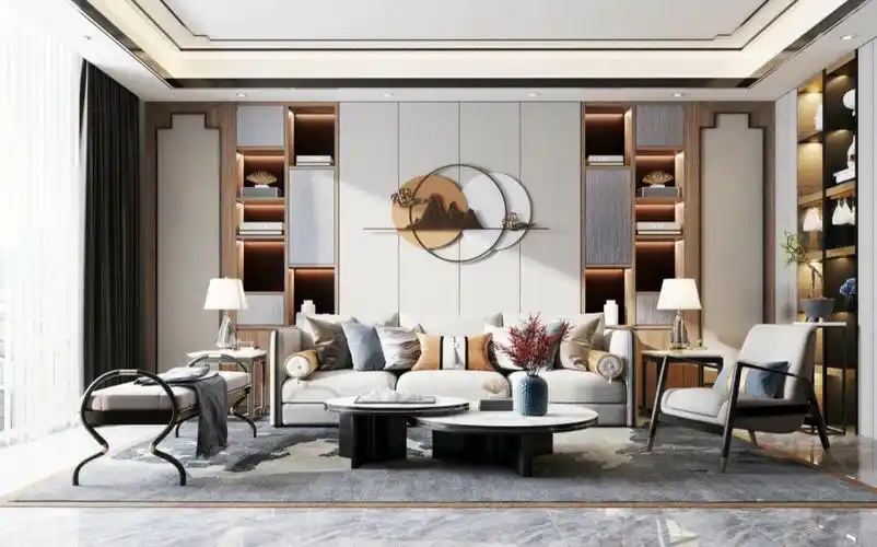 现代简约新中式风格客餐厅效果图设计