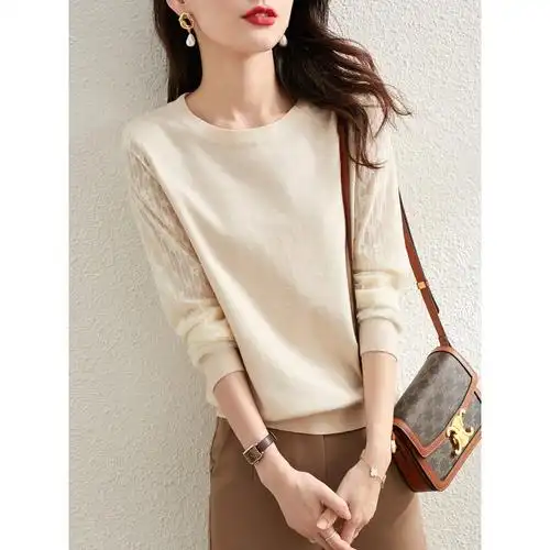 春秋季薄款长袖拼接针织衫气质显瘦套头毛衣女新款女装针织衫正品2021