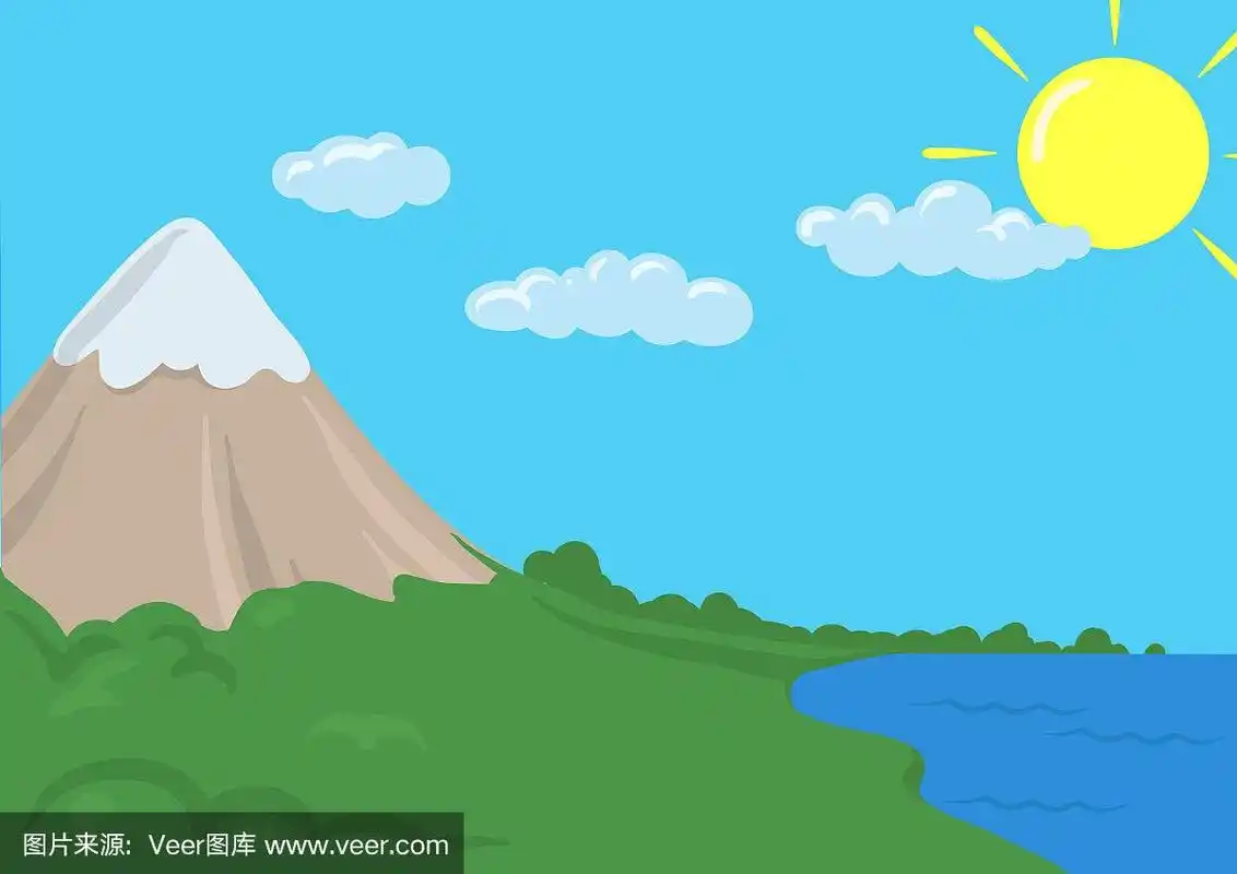 卡通矢量景观与山和海.矢量插图.