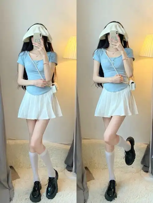 纯欲风穿搭收腰短袖77百褶裙77防晒帽