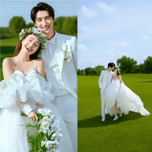 影楼白色婚纱旅拍主题服装森系外景小清新抹胸款轻纱情侣拍照礼服