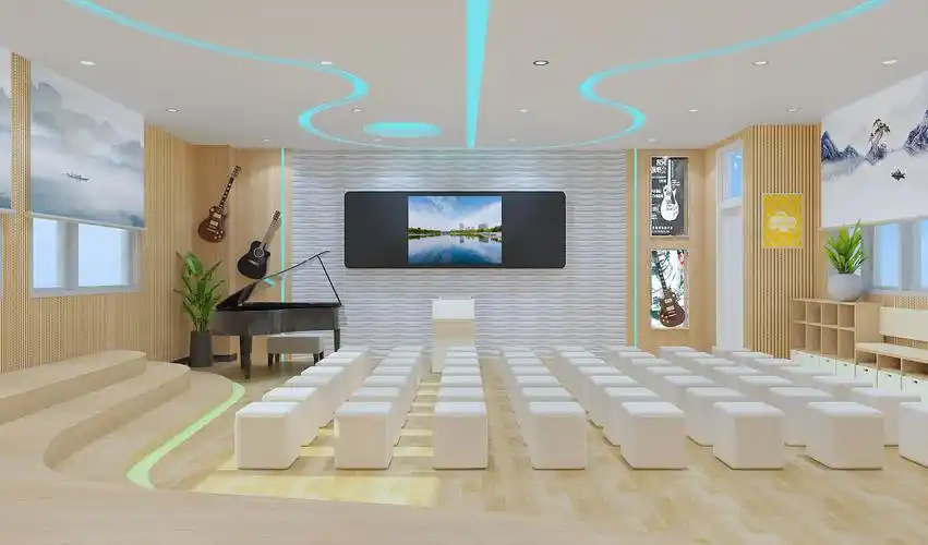 本空间为50人的大班音乐教室,整体墙面采用