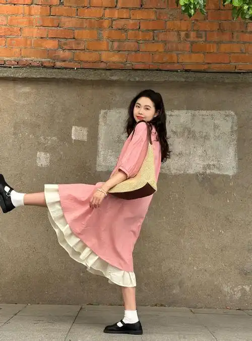 日系【茜茜女孩】简约拼接连衣裙叠穿长裙麻感棉袍子胸136长102