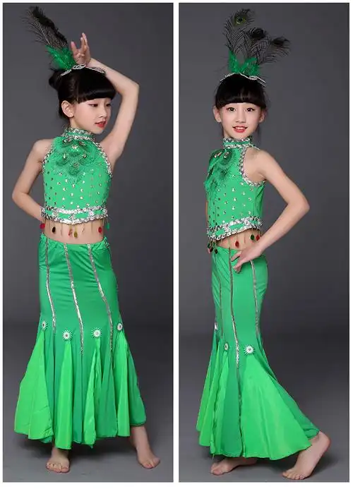 儿童傣族舞蹈服长裙孔雀舞演出服装女童少儿傣族鱼尾裙演出服新款_双