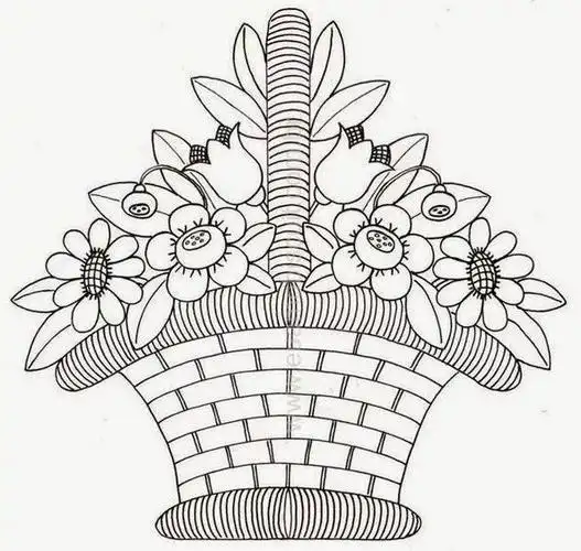 花样图解刺绣教程 花篮的线描图可以画下来,绣上自己喜欢的风格.