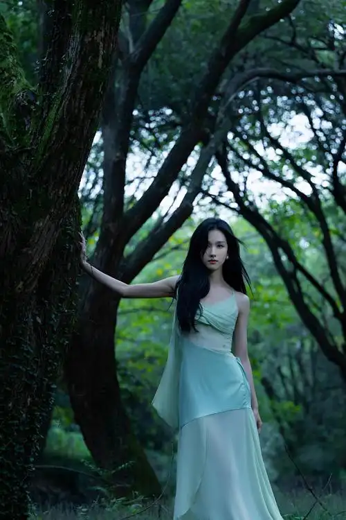 陈都灵林间着淡绿吊带纱裙,尽显空灵仙气,造型美到极致