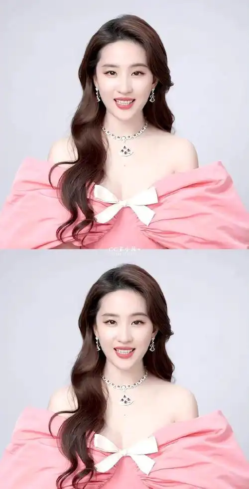 刘亦菲粉色梦幻卷发与抹胸蝴蝶结的时尚魅力