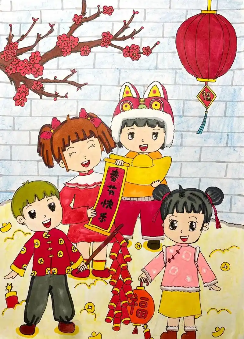 一起学画画 #每日一画 #绘画过程 #春节绘画 #儿童画分 - 抖音