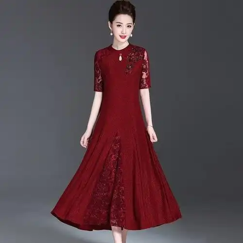 购客夏季婚礼妈妈装 纯色丈母娘婚宴礼服高贵岳母女儿结婚蕾丝连衣裙