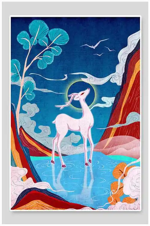 蓝色麋鹿简约时尚中国风神话插画