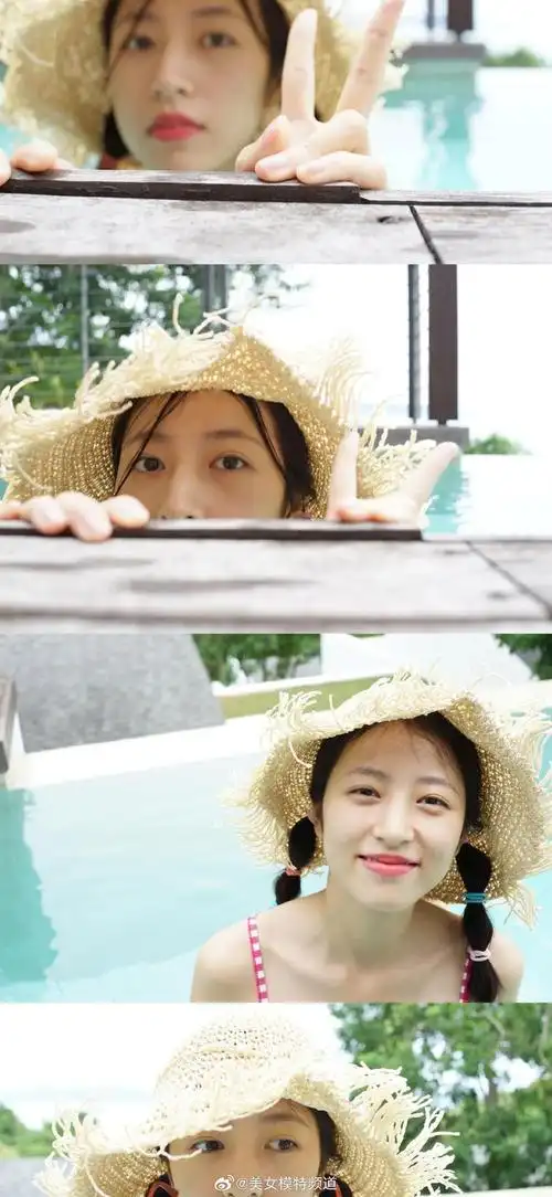 周雨彤玫红色泳装旧照