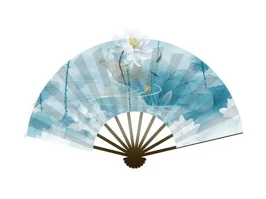 蓝色手绘古风中国风荷花荷叶折扇扇子元素png素材