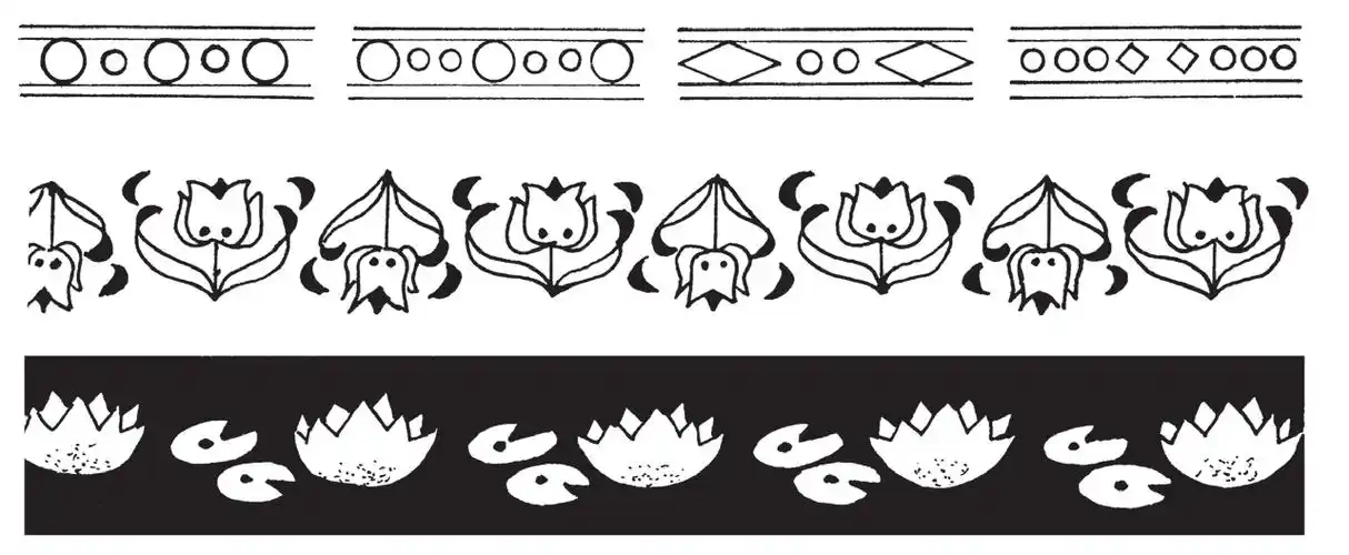 (1)散点式二方连续分为:以一个基本纹样或几个基本纹样组成单位纹样