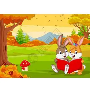 在秋林里读书的兔子图片素材
