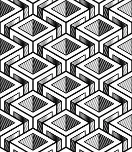 几何叠加几何无缝图案,无尽的黑白矢量规则背景.
