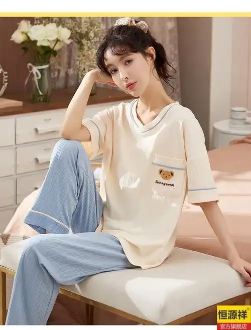 营睡衣女夏季薄款初中学生少女可爱卡通纯棉短袖长裤春秋家居服套装