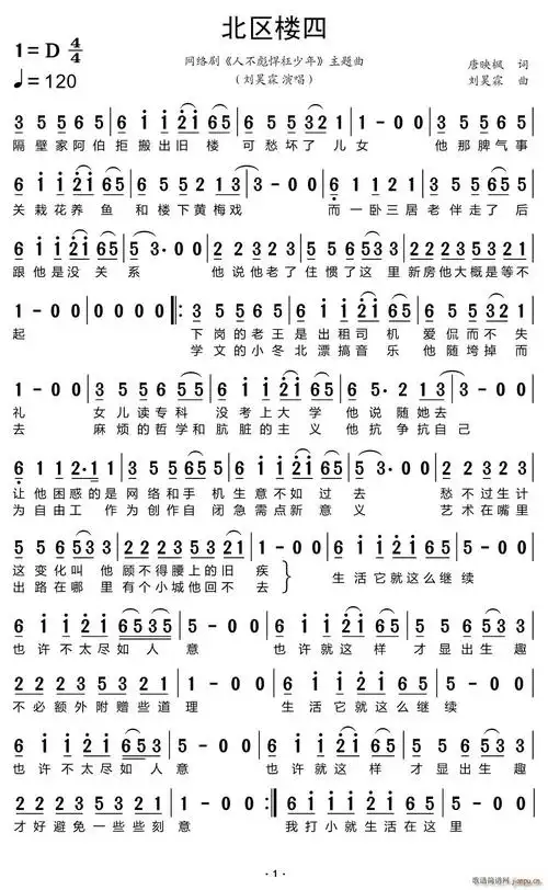 北区楼四(网络剧《人不彪悍枉少年》主题曲) 刘昊霖 歌谱简谱网