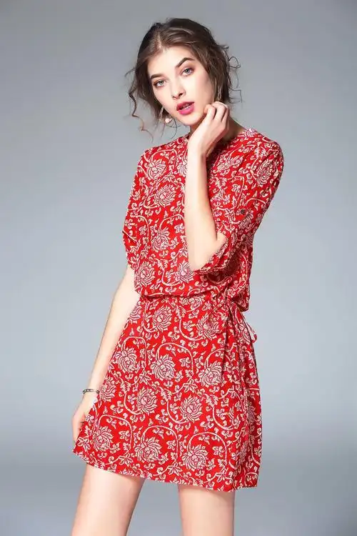 a90320 新款红色真丝连衣裙系带两穿 s-xl