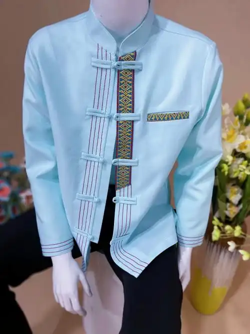 款傣族男装立领盘扣浅蓝色民族特色衬衣春秋冬长袖男士衬衫