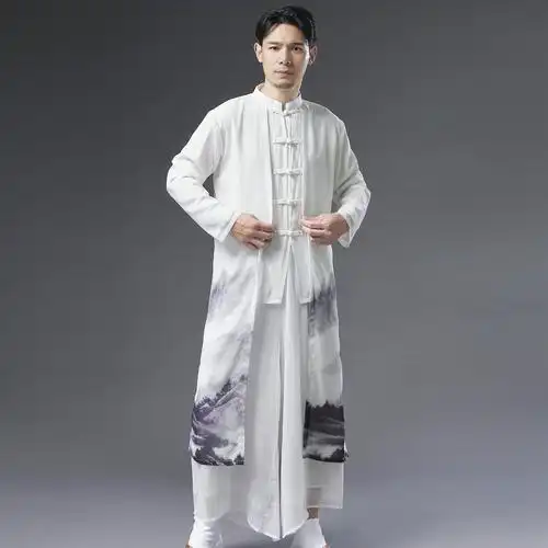 中式男装雪纺白色休闲大码唐装夏季薄款禅服男汉服仙气古风长衫男