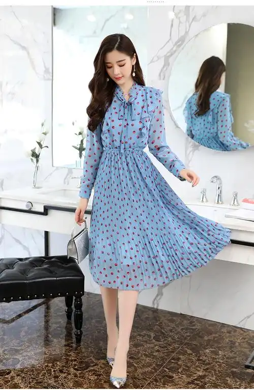 连衣裙女中长款2018春季新款韩版碎花雪纺长裙修身显瘦长袖打底裙