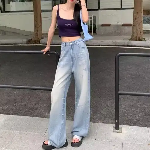 美式折痕水洗低腰阔腿牛仔裤女高街复古浅色垂感破洞